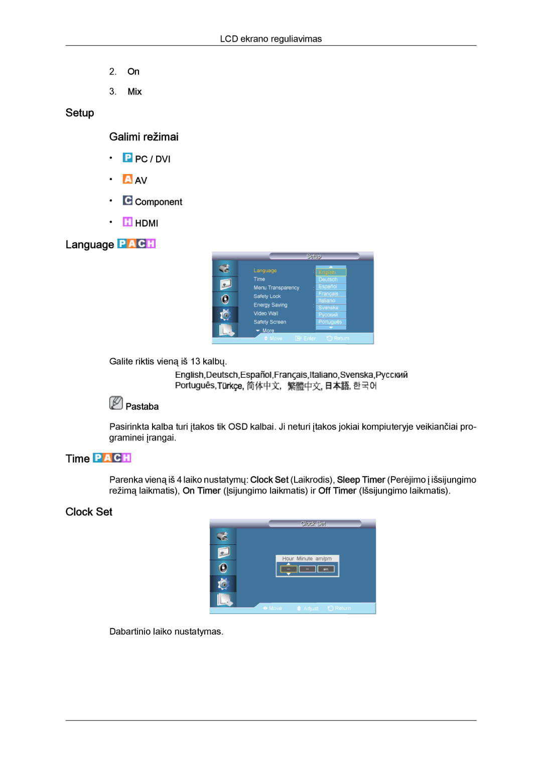 Samsung LH65TCQMBC/EN manual Setup Galimi režimai, Language, Time, Clock Set, Mix 