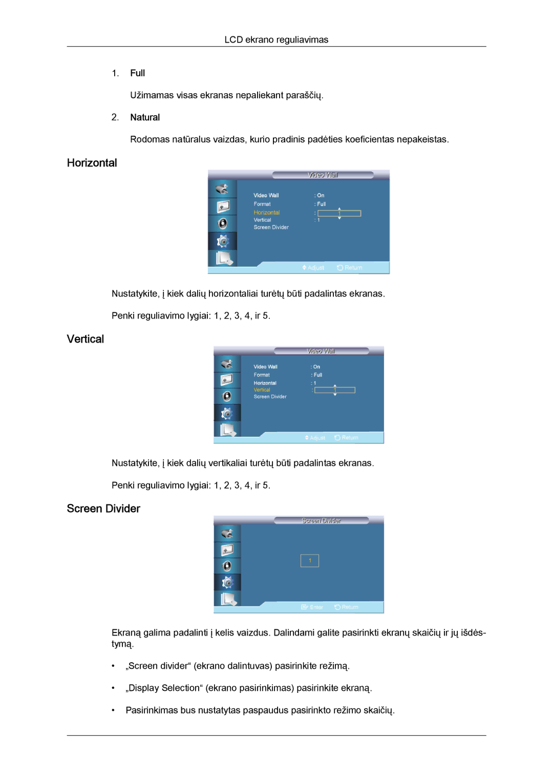 Samsung LH65TCQMBC/EN manual Horizontal, Vertical, Screen Divider, Full, Natural 