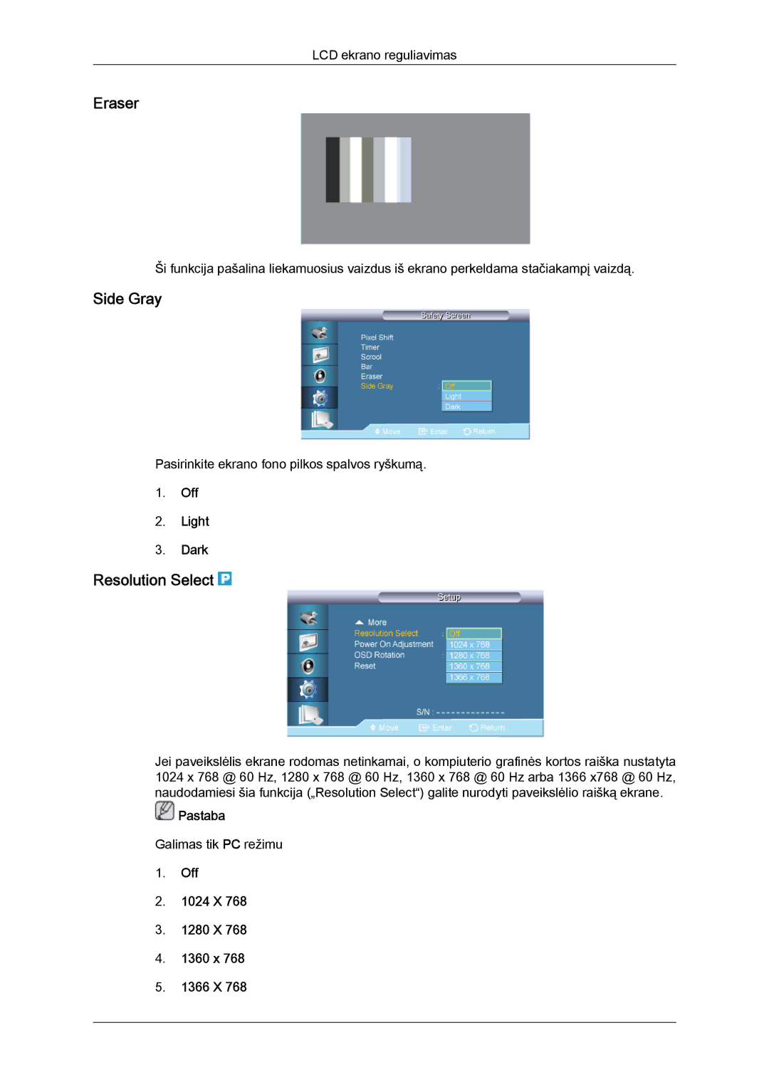 Samsung LH65TCQMBC/EN manual Eraser, Side Gray, Resolution Select, Off Light Dark, Off 1024 X 1280 X 1360 x 1366 X 