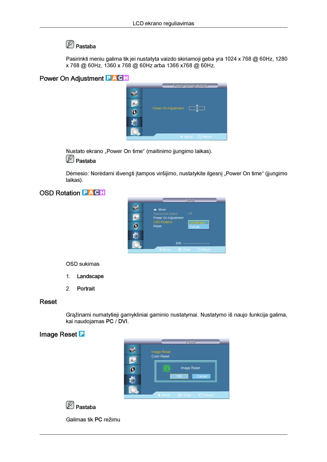 Samsung LH65TCQMBC/EN manual Power On Adjustment, OSD Rotation, Image Reset, Landscape Portrait 