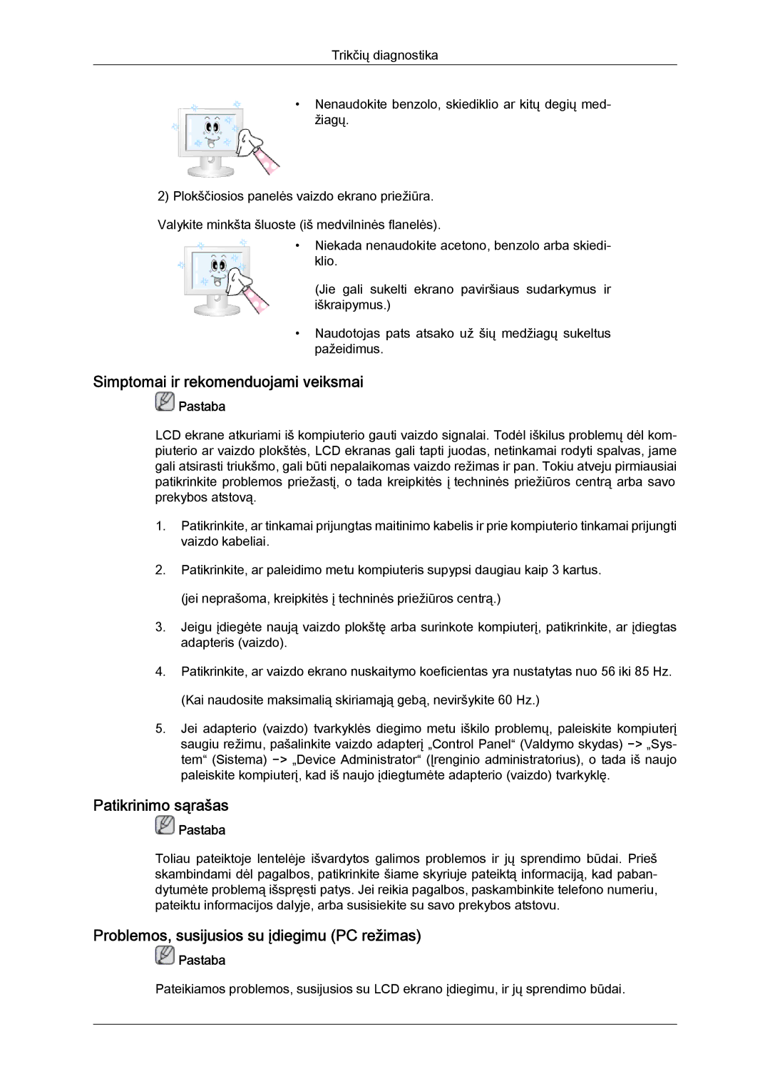 Samsung LH65TCQMBC/EN manual Simptomai ir rekomenduojami veiksmai, Patikrinimo sąrašas 