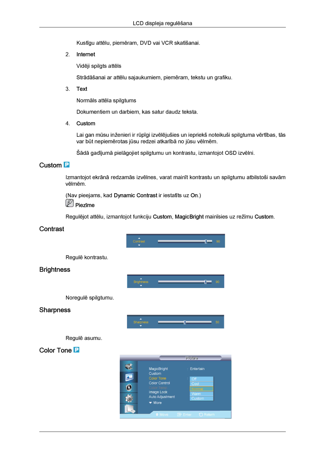 Samsung LH65TCQMBC/EN manual Custom, Contrast, Brightness, Sharpness, Color Tone 