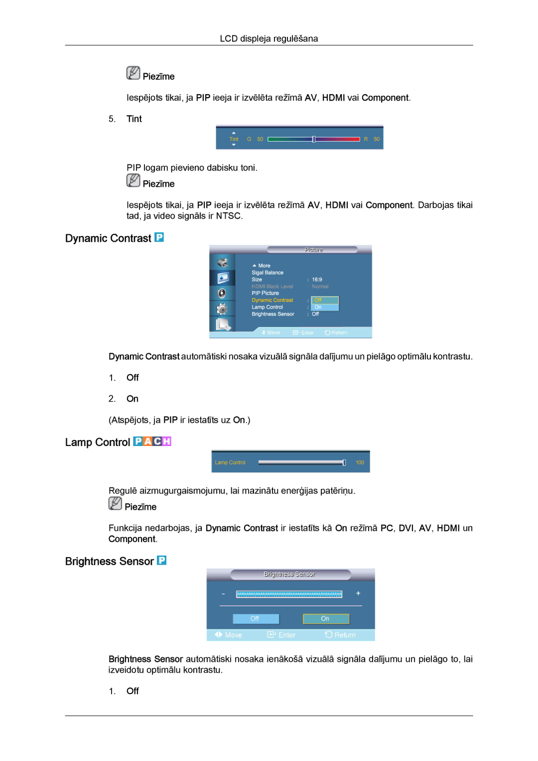 Samsung LH65TCQMBC/EN manual Dynamic Contrast, Lamp Control, Brightness Sensor, Tint 