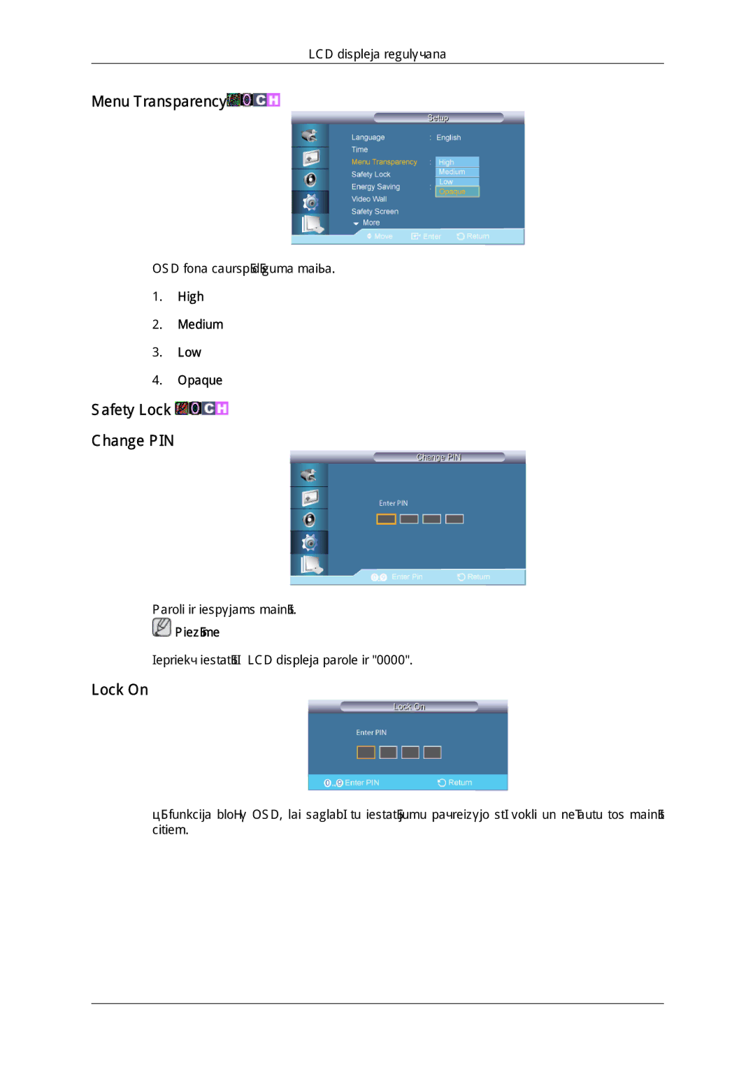 Samsung LH65TCQMBC/EN manual Menu Transparency, Safety Lock Change PIN, Lock On, High Medium Low Opaque 