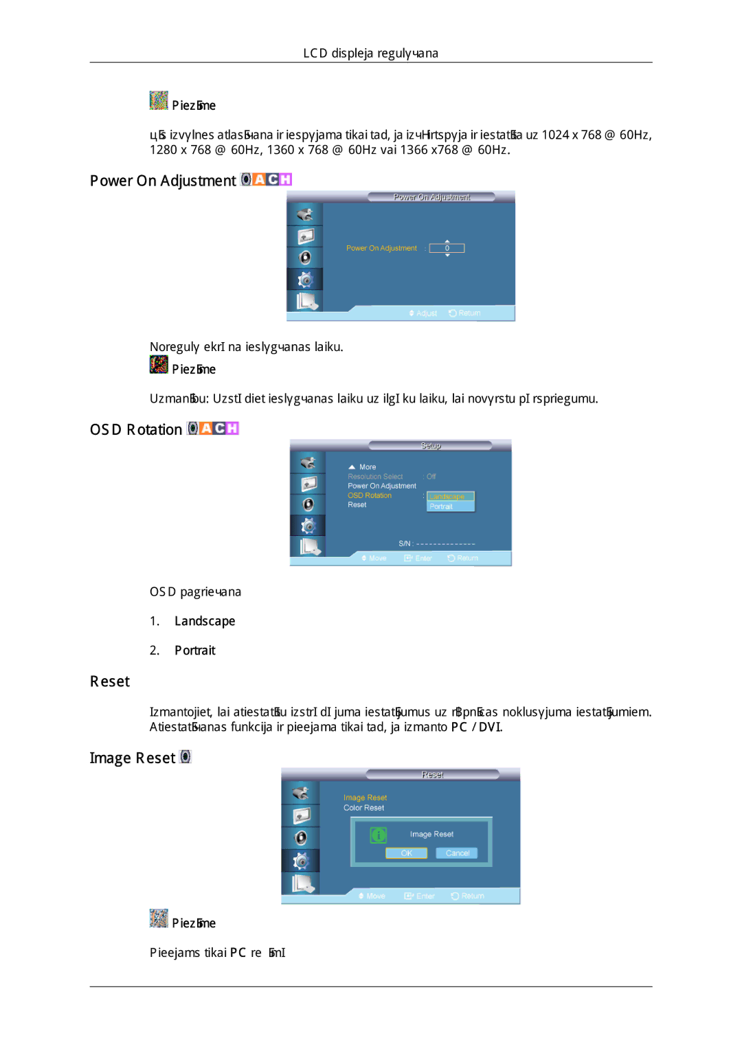 Samsung LH65TCQMBC/EN manual Power On Adjustment, OSD Rotation, Image Reset, Landscape Portrait 