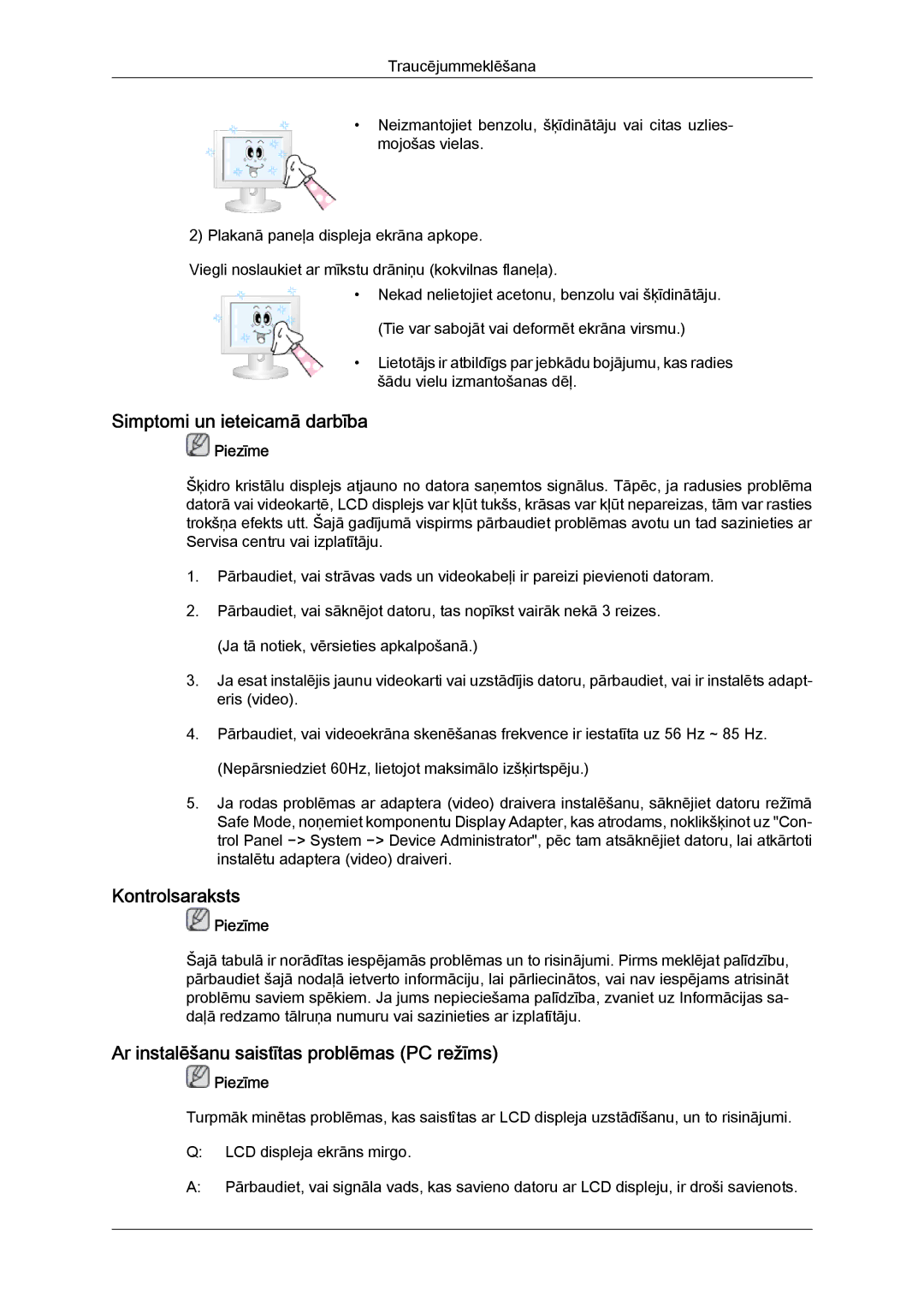 Samsung LH65TCQMBC/EN manual Simptomi un ieteicamā darbība, Kontrolsaraksts, Ar instalēšanu saistītas problēmas PC režīms 