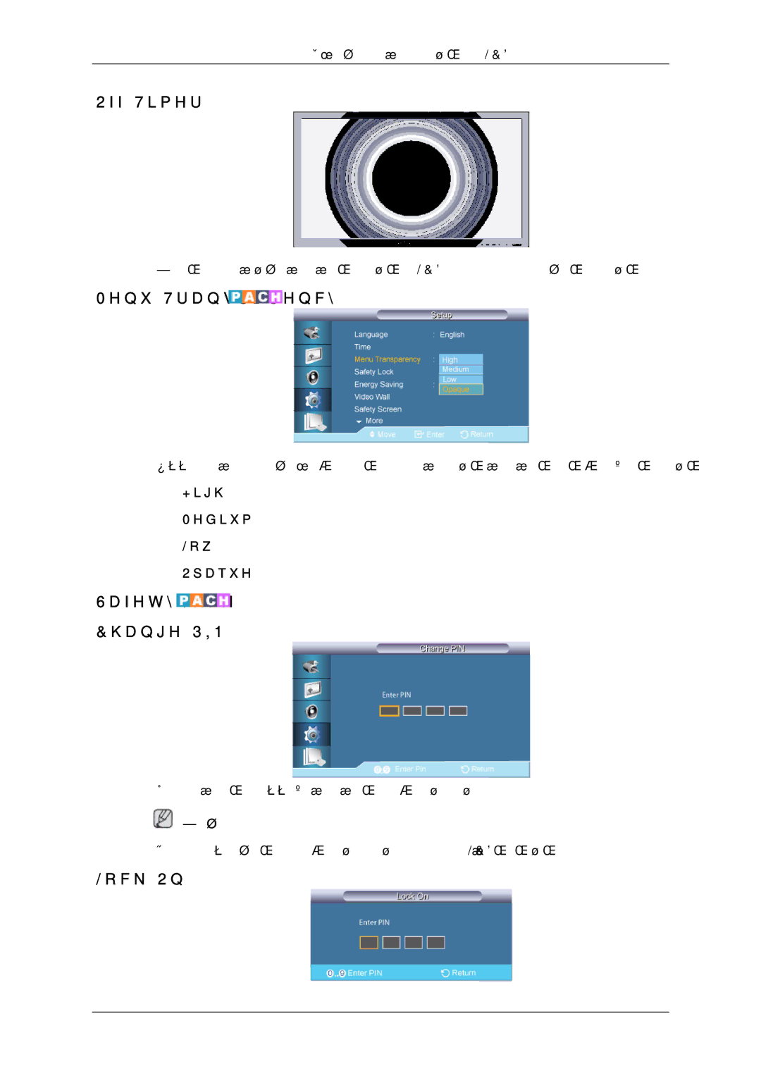 Samsung LH65TCQMBC/EN manual Off Timer, Menu Transparency, Safety Lock Change PIN, Lock On, High Medium Low Opaque 