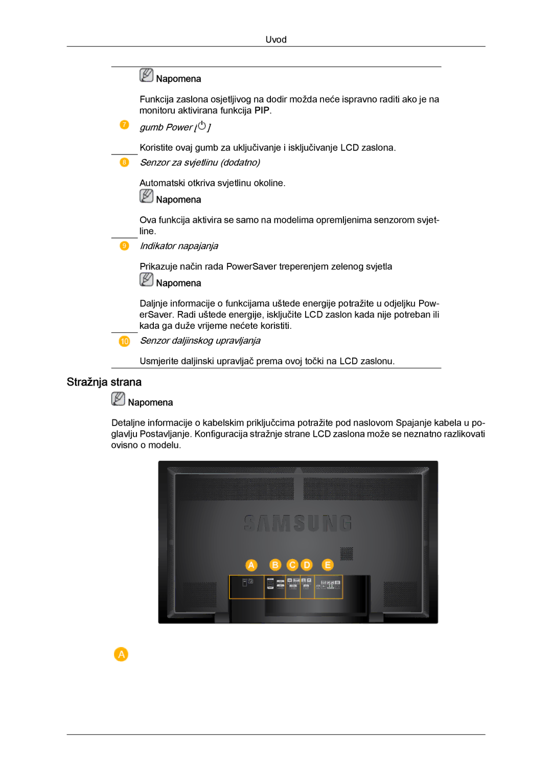 Samsung LH65TCQMBC/EN manual Stražnja strana, Napomena 