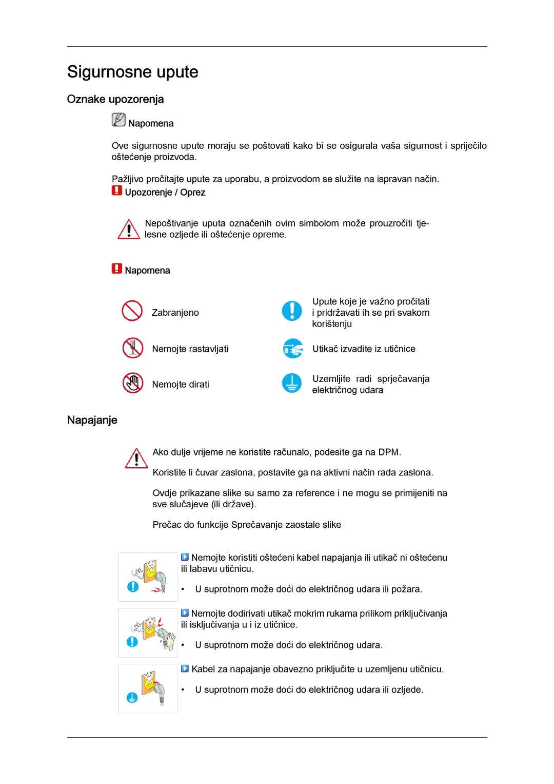 Samsung LH65TCQMBC/EN manual Oznake upozorenja, Napajanje, Napomena, Upozorenje / Oprez 