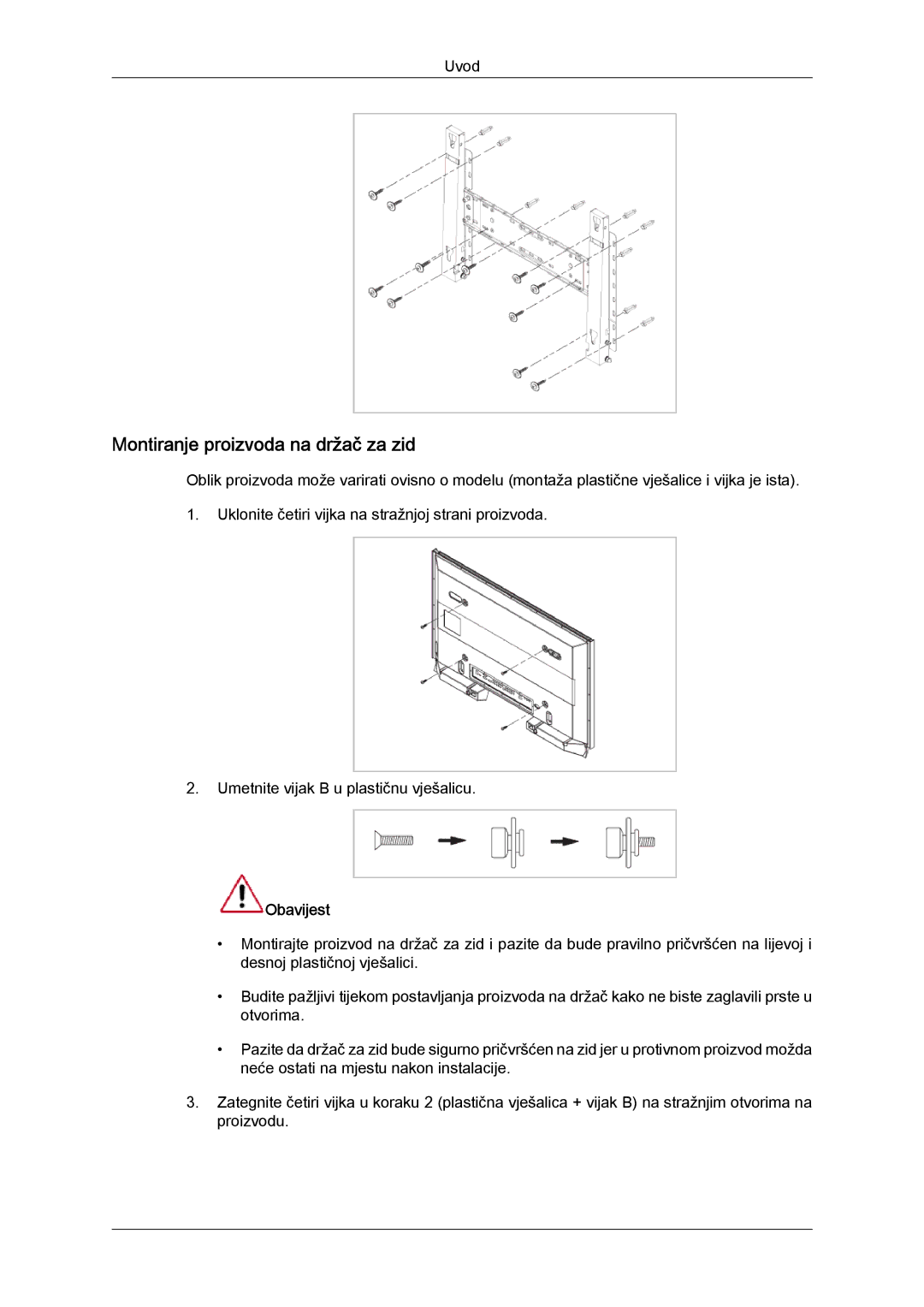 Samsung LH65TCQMBC/EN manual Montiranje proizvoda na držač za zid 