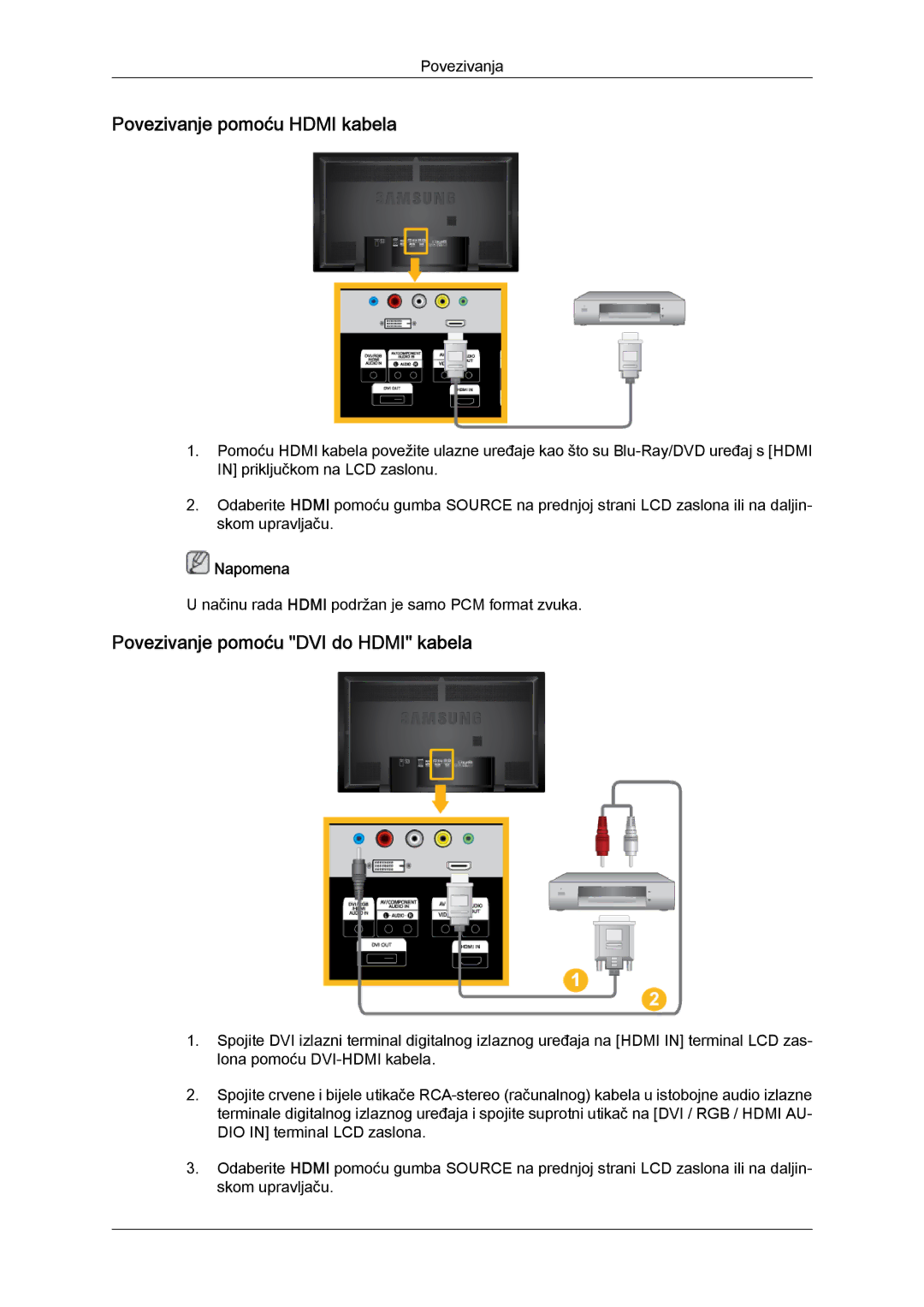 Samsung LH65TCQMBC/EN manual Povezivanje pomoću Hdmi kabela, Povezivanje pomoću DVI do Hdmi kabela 