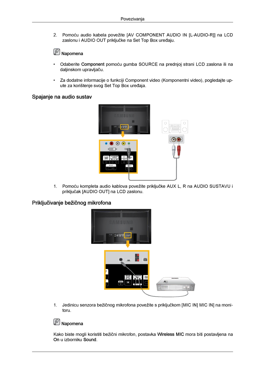 Samsung LH65TCQMBC/EN manual Spajanje na audio sustav, Priključivanje bežičnog mikrofona 