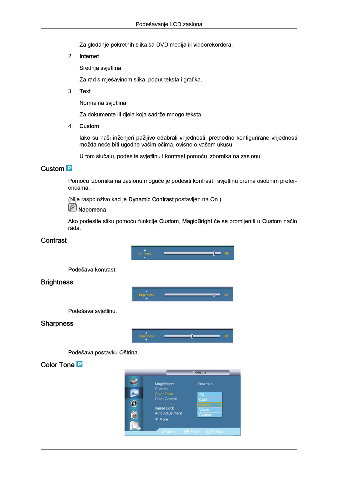 Samsung LH65TCQMBC/EN manual Custom, Contrast, Brightness, Sharpness, Color Tone 