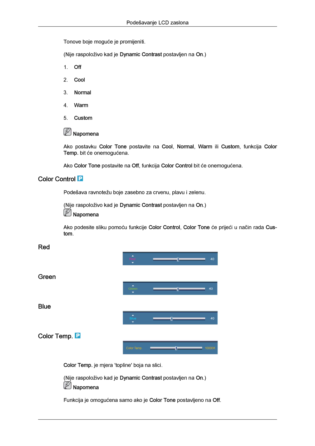 Samsung LH65TCQMBC/EN manual Color Control, Red Green Blue Color Temp, Off Cool Normal Warm Custom Napomena 