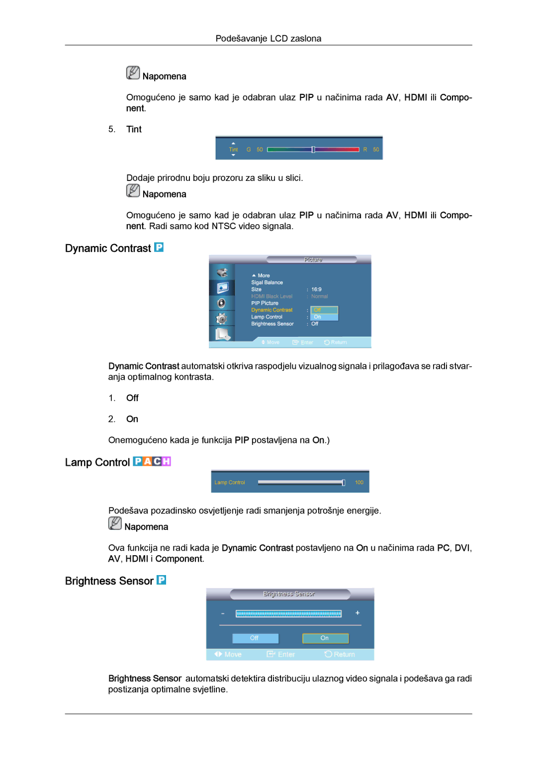 Samsung LH65TCQMBC/EN manual Dynamic Contrast, Lamp Control, Brightness Sensor, Tint 