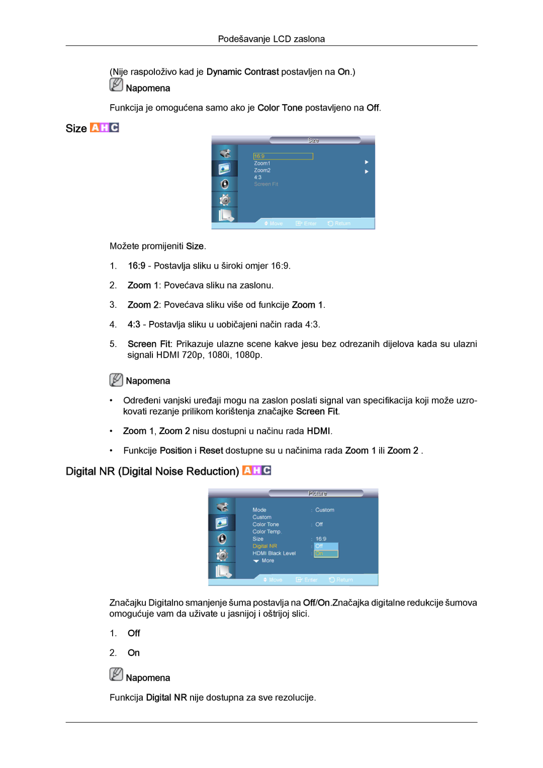 Samsung LH65TCQMBC/EN manual Digital NR Digital Noise Reduction, Off Napomena 