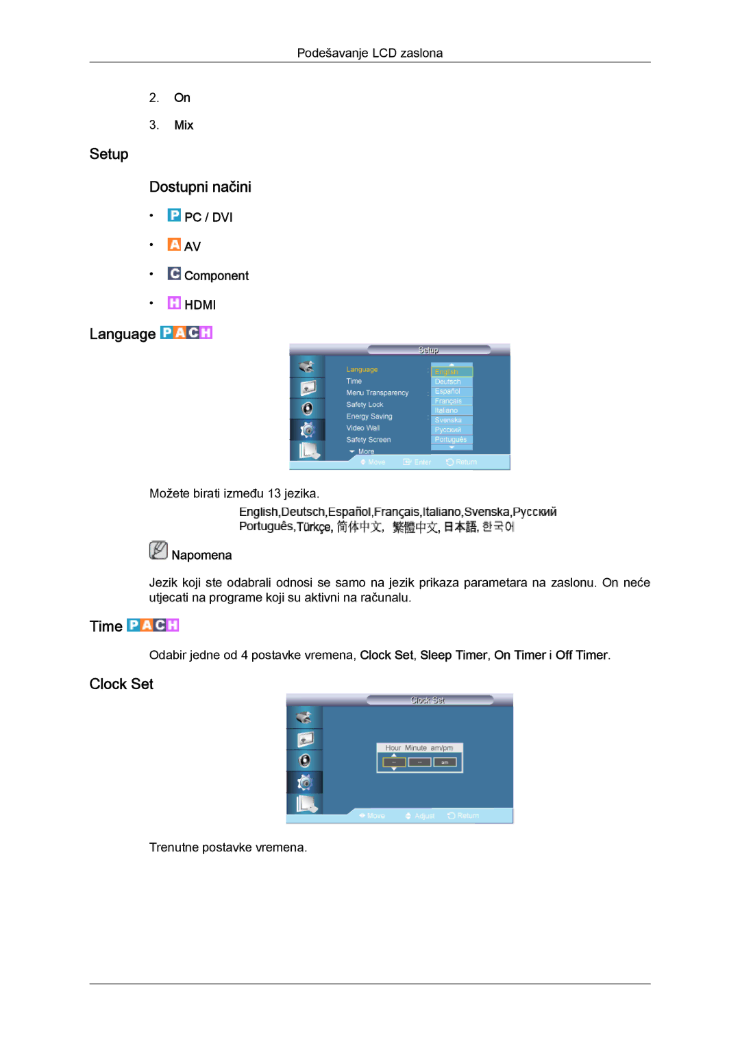 Samsung LH65TCQMBC/EN manual Setup Dostupni načini, Language, Time, Clock Set, Mix 