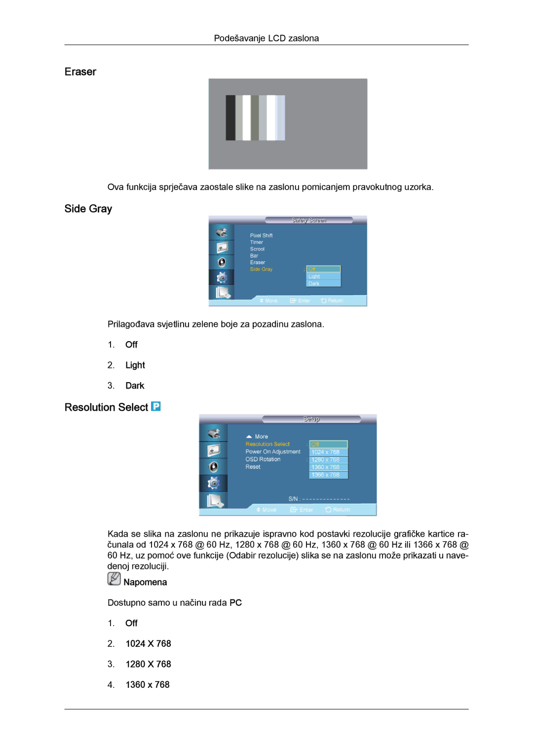 Samsung LH65TCQMBC/EN manual Eraser, Side Gray, Resolution Select, Off Light Dark, Off 1024 X 1280 X 1360 x 