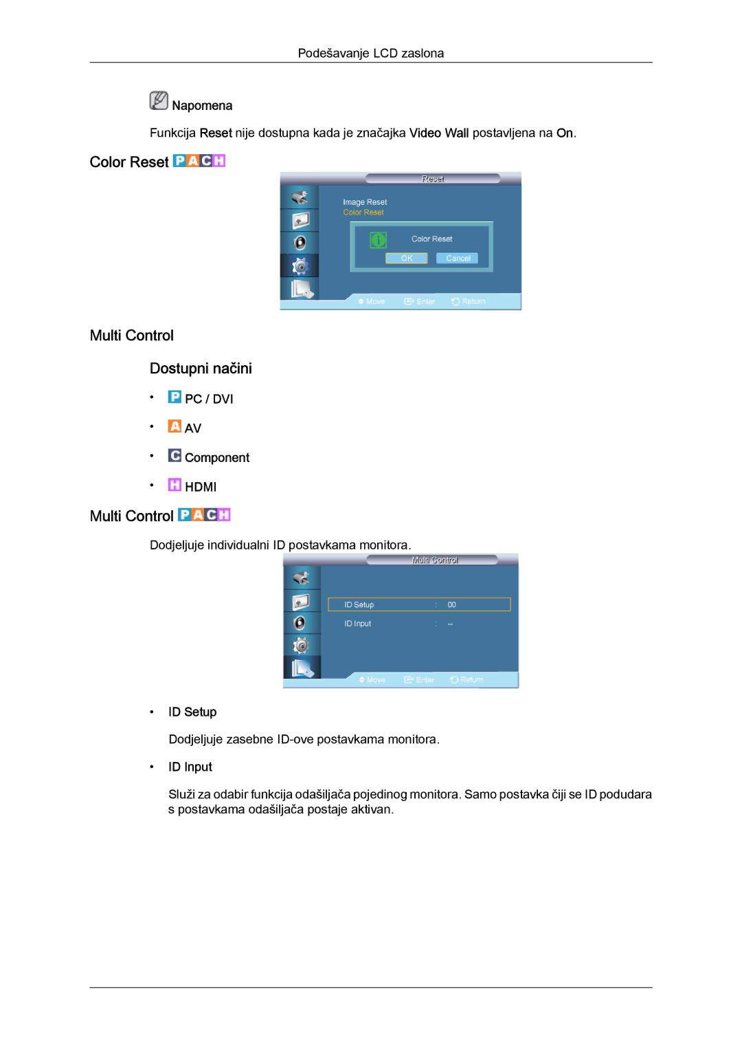 Samsung LH65TCQMBC/EN manual Color Reset Multi Control Dostupni načini, ID Setup, ID Input 