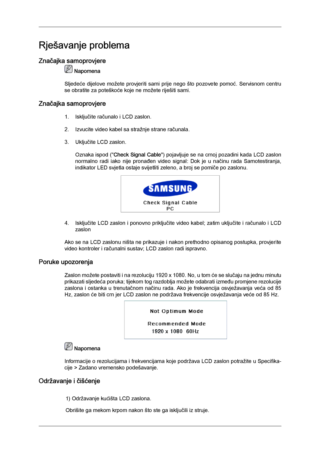 Samsung LH65TCQMBC/EN manual Značajka samoprovjere, Poruke upozorenja, Održavanje i čišćenje 