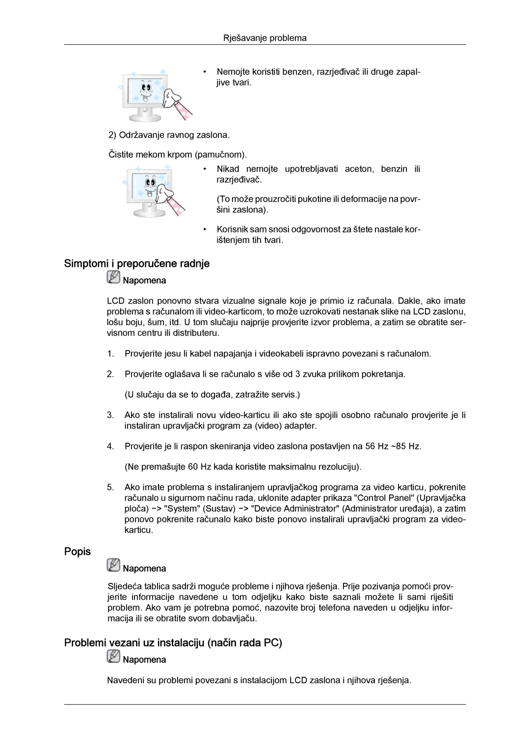 Samsung LH65TCQMBC/EN manual Simptomi i preporučene radnje, Popis, Problemi vezani uz instalaciju način rada PC 