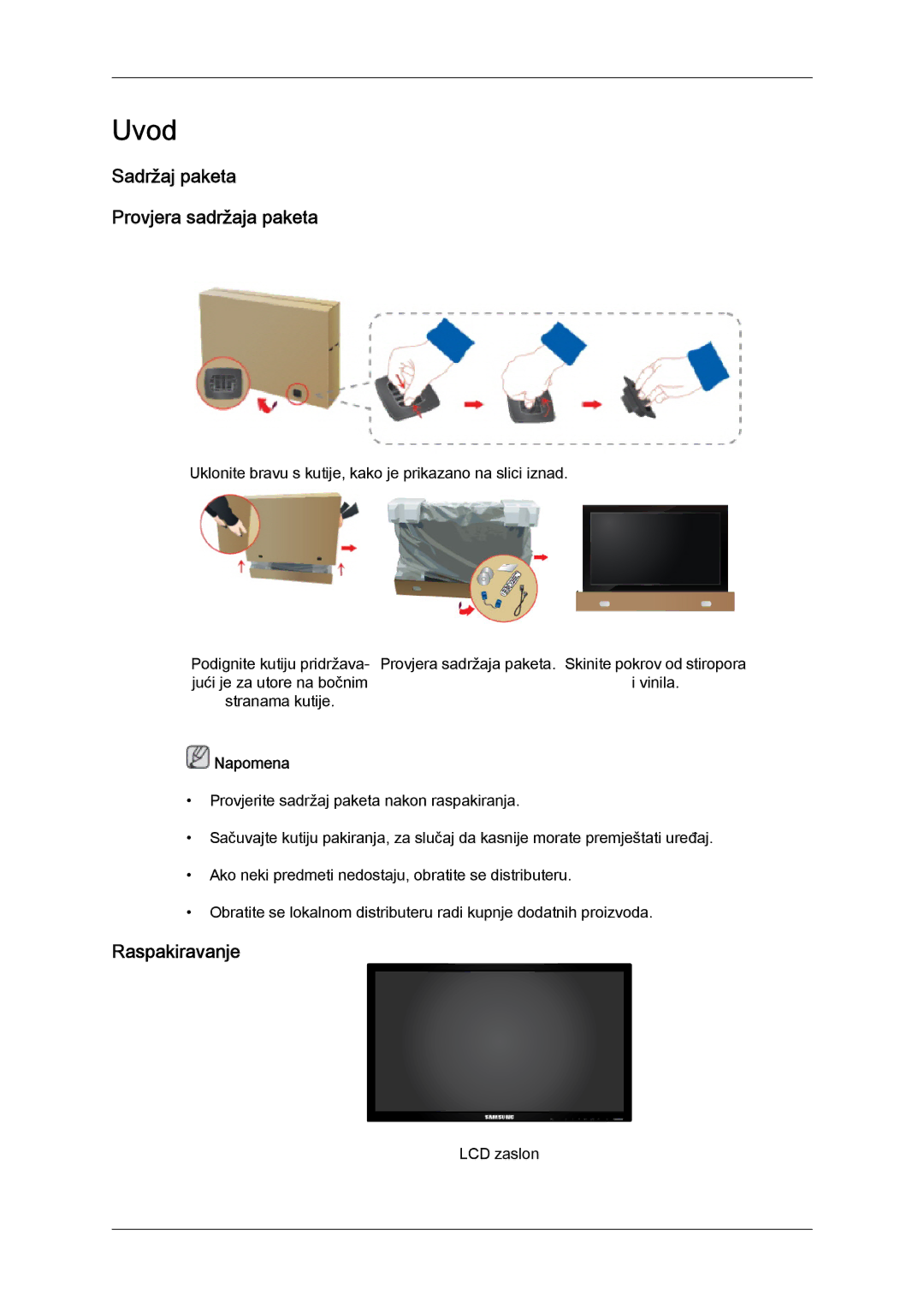 Samsung LH65TCQMBC/EN manual Sadržaj paketa Provjera sadržaja paketa, Raspakiravanje 