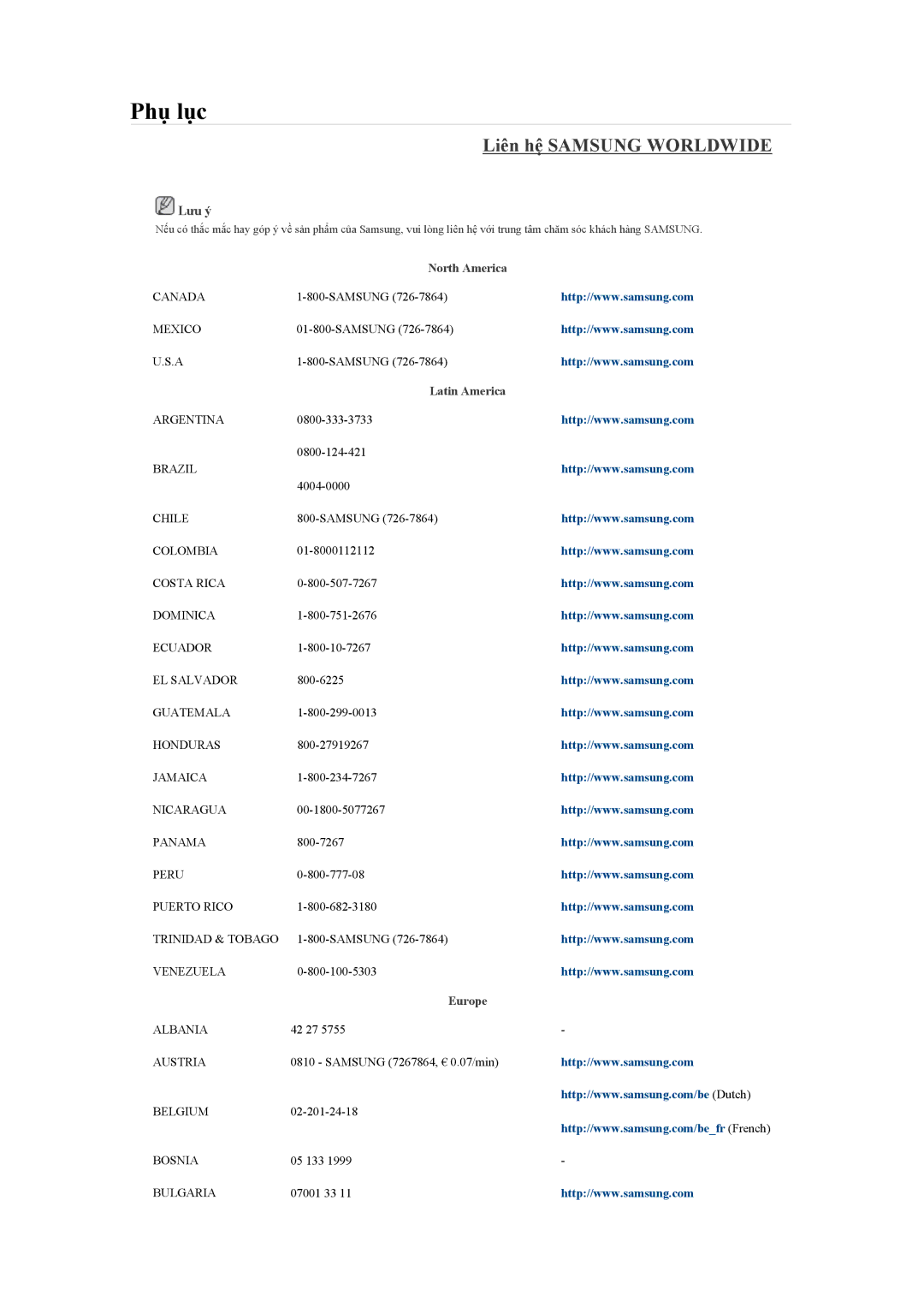 Samsung LH65TCQMBC/XY, LH65TCQMBC/XS manual Phụ lục, Liên hệ Samsung Worldwide 