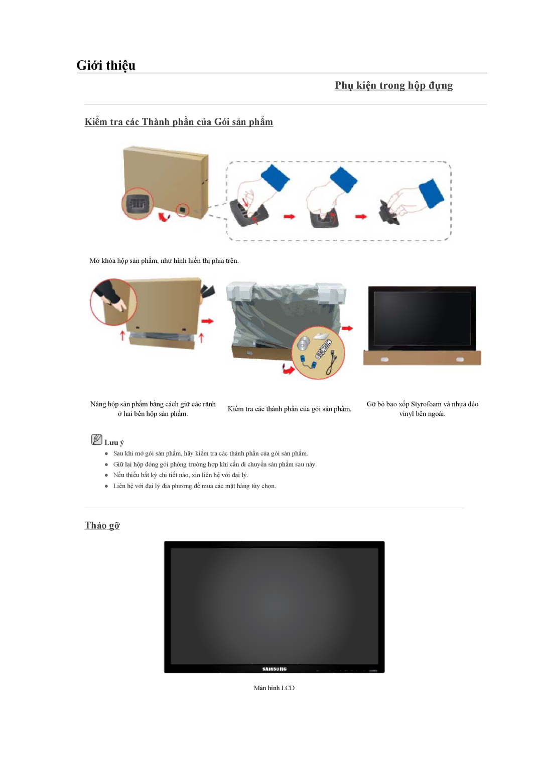 Samsung LH65TCQMBC/XS, LH65TCQMBC/XY manual Phụ kiện trong hộp đựng, Kiểm tra các Thành phần của Gói sản phẩm, Tháo gỡ 