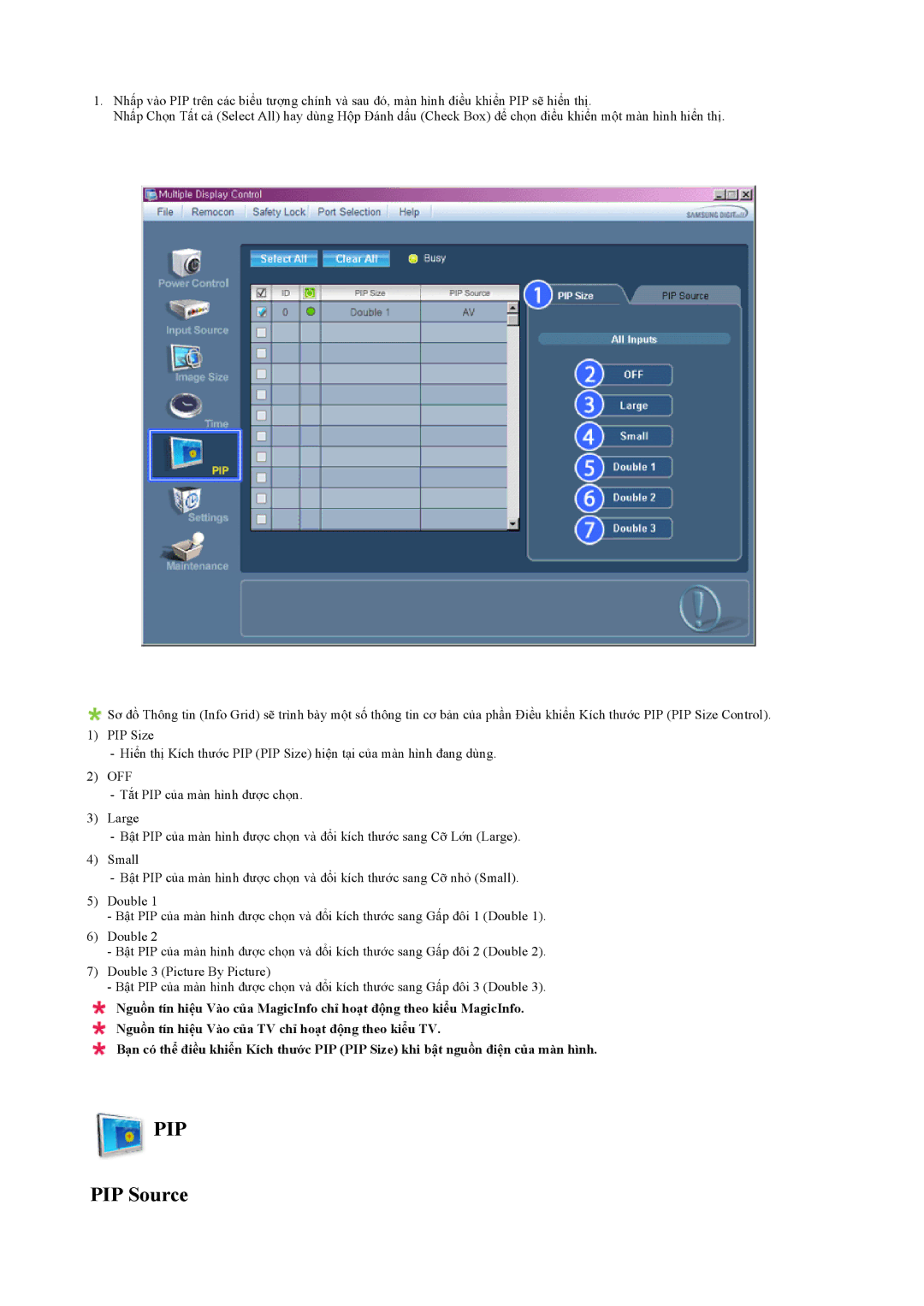 Samsung LH65TCQMBC/XS, LH65TCQMBC/XY manual PIP Source 