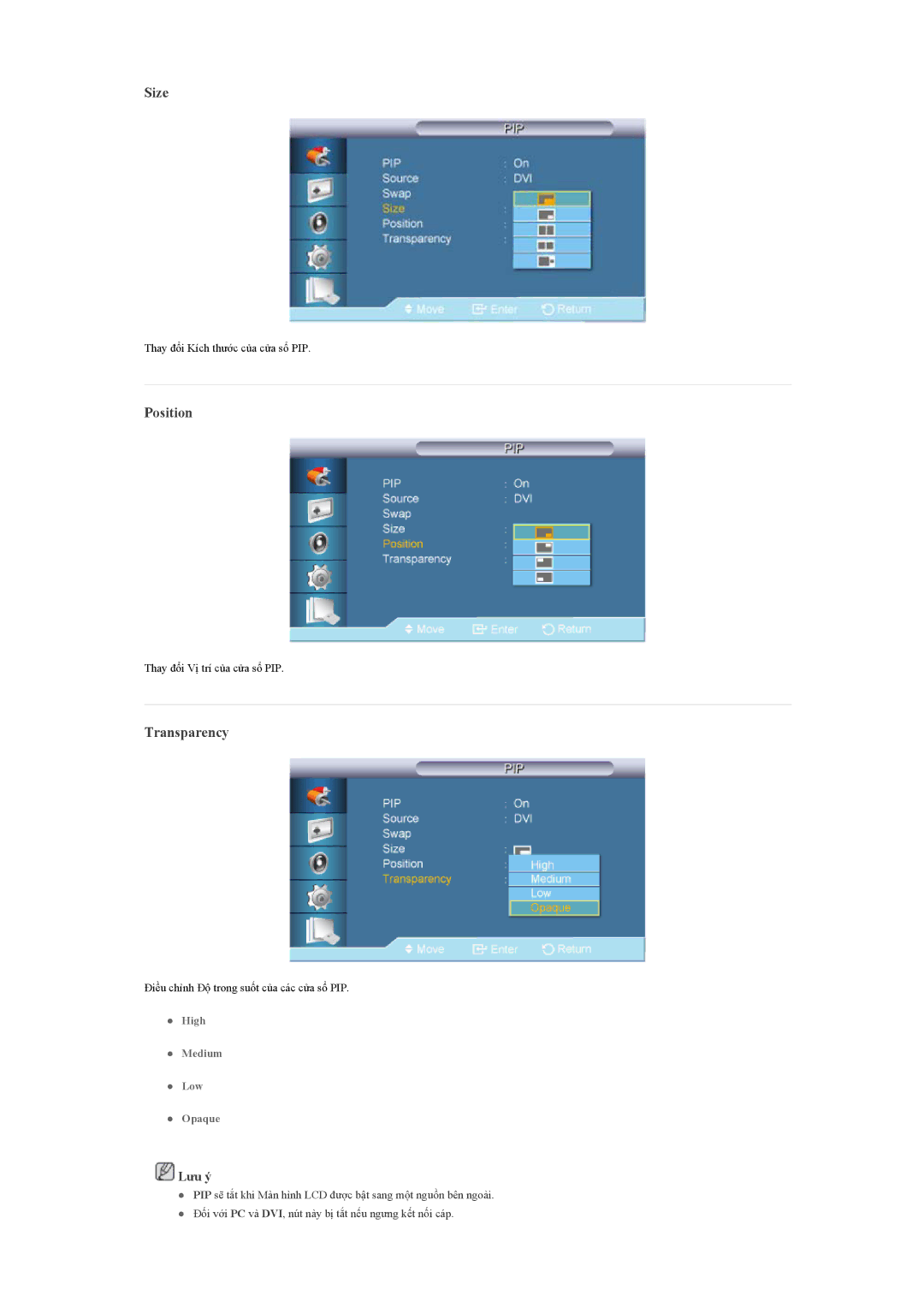 Samsung LH65TCQMBC/XY, LH65TCQMBC/XS manual Size, Position, Transparency 