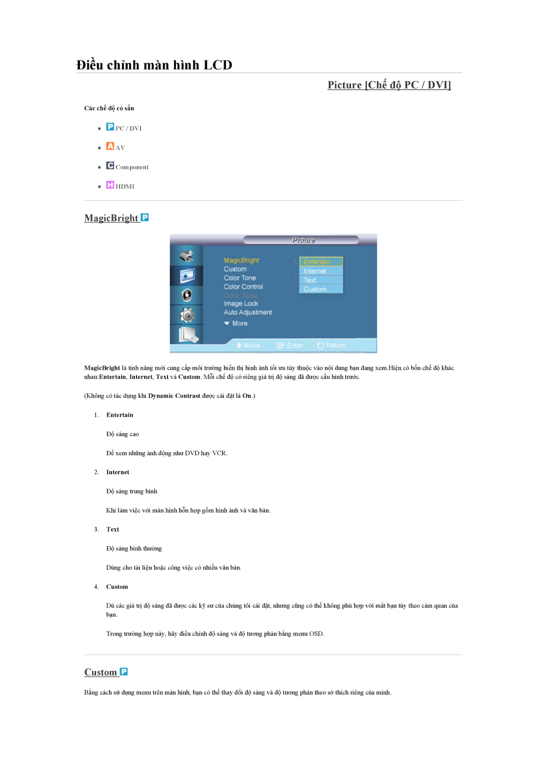 Samsung LH65TCQMBC/XY, LH65TCQMBC/XS manual Picture Chế độ PC / DVI, MagicBright, Custom 