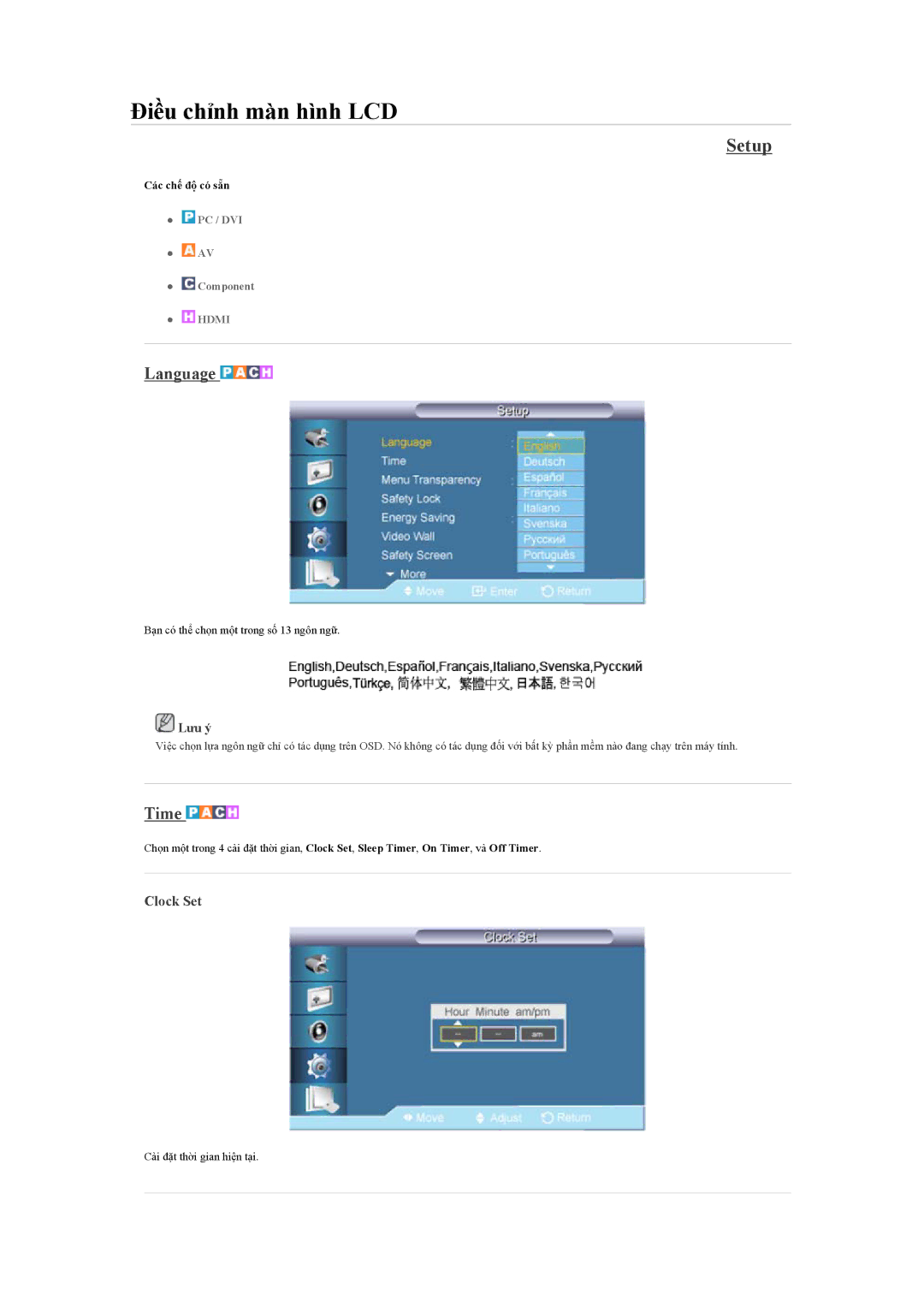 Samsung LH65TCQMBC/XS, LH65TCQMBC/XY manual Setup, Language, Time, Clock Set 