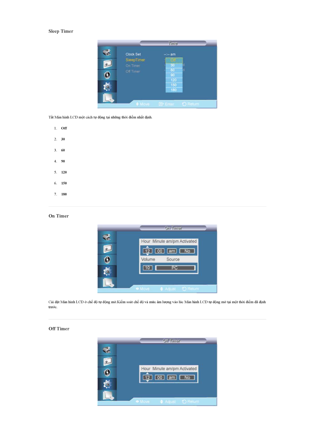 Samsung LH65TCQMBC/XY, LH65TCQMBC/XS manual Sleep Timer, On Timer, Off Timer 