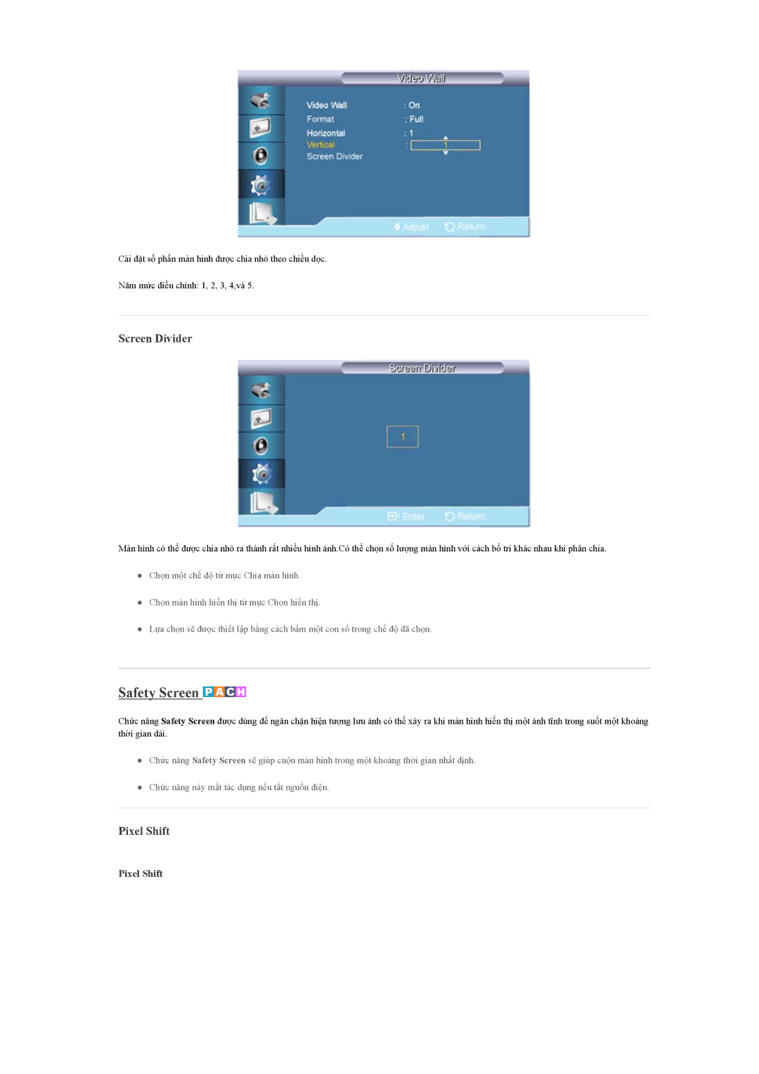 Samsung LH65TCQMBC/XY, LH65TCQMBC/XS manual Safety Screen, Screen Divider, Pixel Shift 