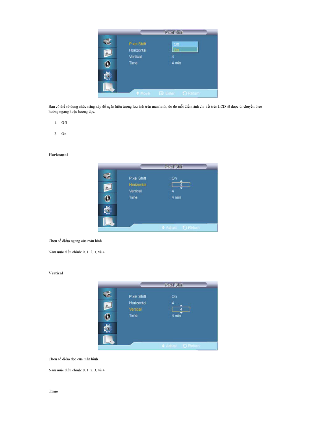 Samsung LH65TCQMBC/XS, LH65TCQMBC/XY manual Horizontal, Vertical, Time 