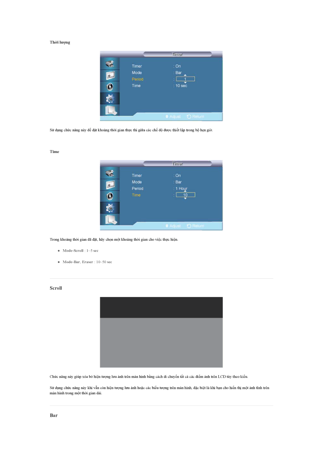 Samsung LH65TCQMBC/XS, LH65TCQMBC/XY manual Scroll, Bar, Thời lượng 