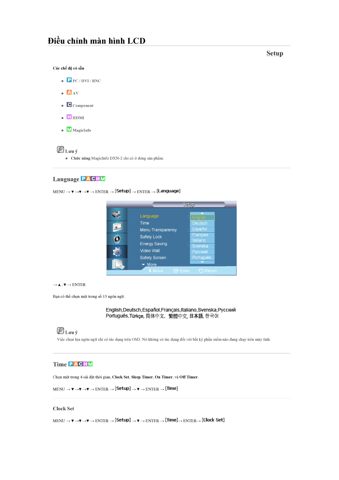 Samsung LH70BVPLBF/EN manual Setup, Language, Time, Clock Set 