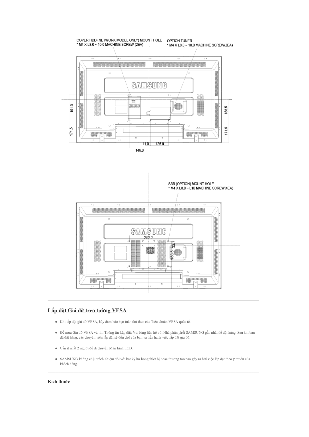 Samsung LH70BVPLBF/EN manual Lắp đặt Giá đỡ treo tường Vesa, Kích thước 