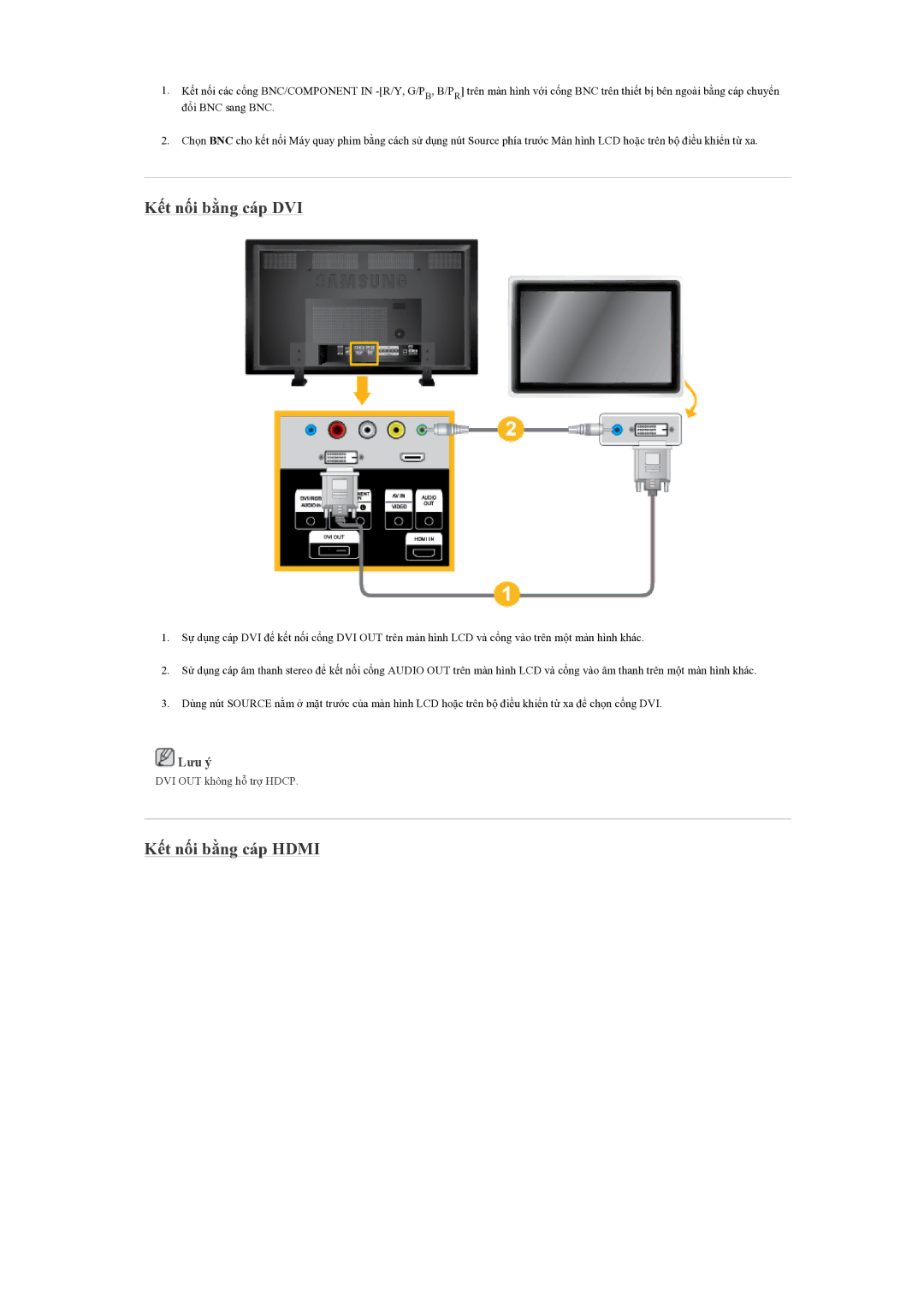 Samsung LH70BVPLBF/EN manual Kết nối bằng cáp DVI, Kết nối bằng cáp Hdmi 