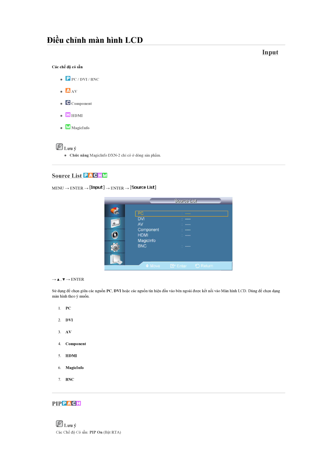 Samsung LH70BVPLBF/EN manual Input, Source List, Các chế độ có sẵn, DVI Component, MagicInfo BNC 