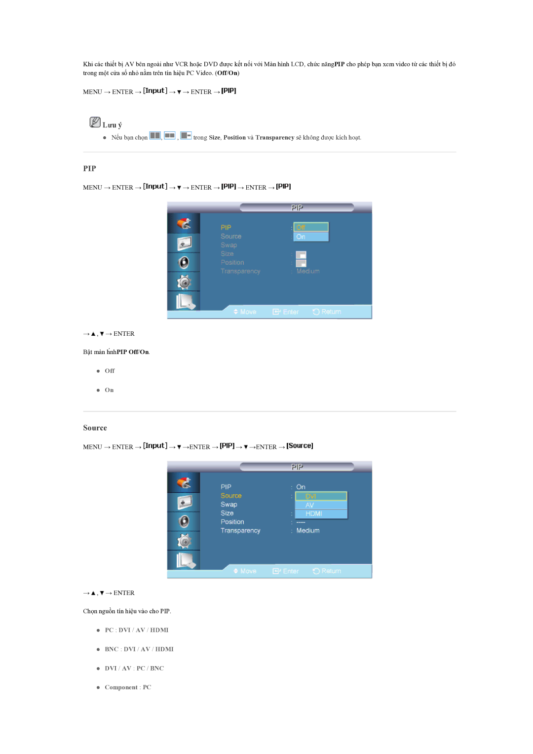 Samsung LH70BVPLBF/EN manual Pip, Source 