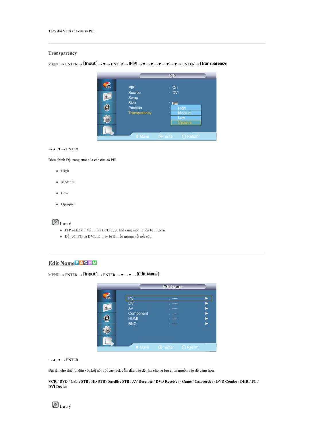 Samsung LH70BVPLBF/EN manual Edit Name, Transparency 