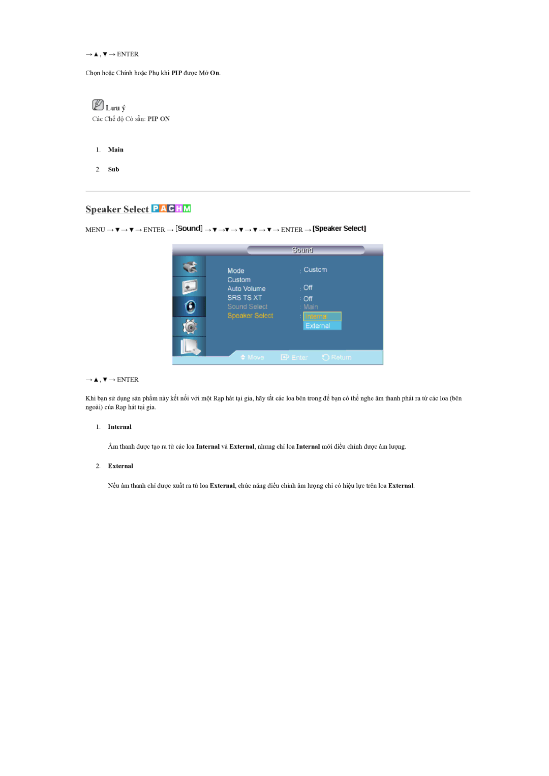 Samsung LH70BVPLBF/EN manual Speaker Select, Main Sub, Internal, External 