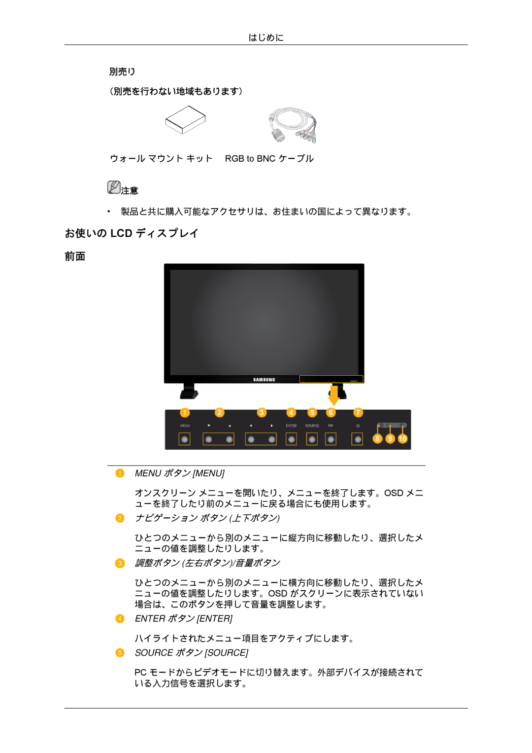 Samsung LH70BVPLBF/XJ, LH70BVTLBF/XJ manual お使いの Lcd ディスプレイ, 調整ボタン 左右ボタン/音量ボタン 