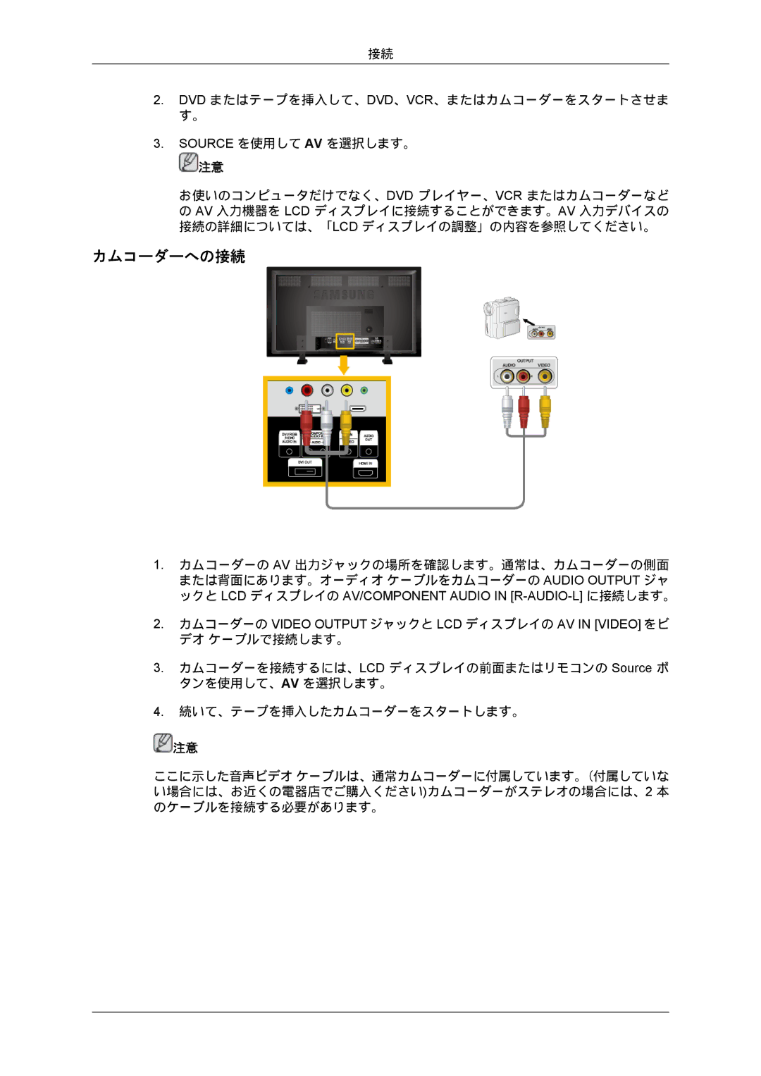 Samsung LH70BVPLBF/XJ, LH70BVTLBF/XJ manual カムコーダーへの接続 