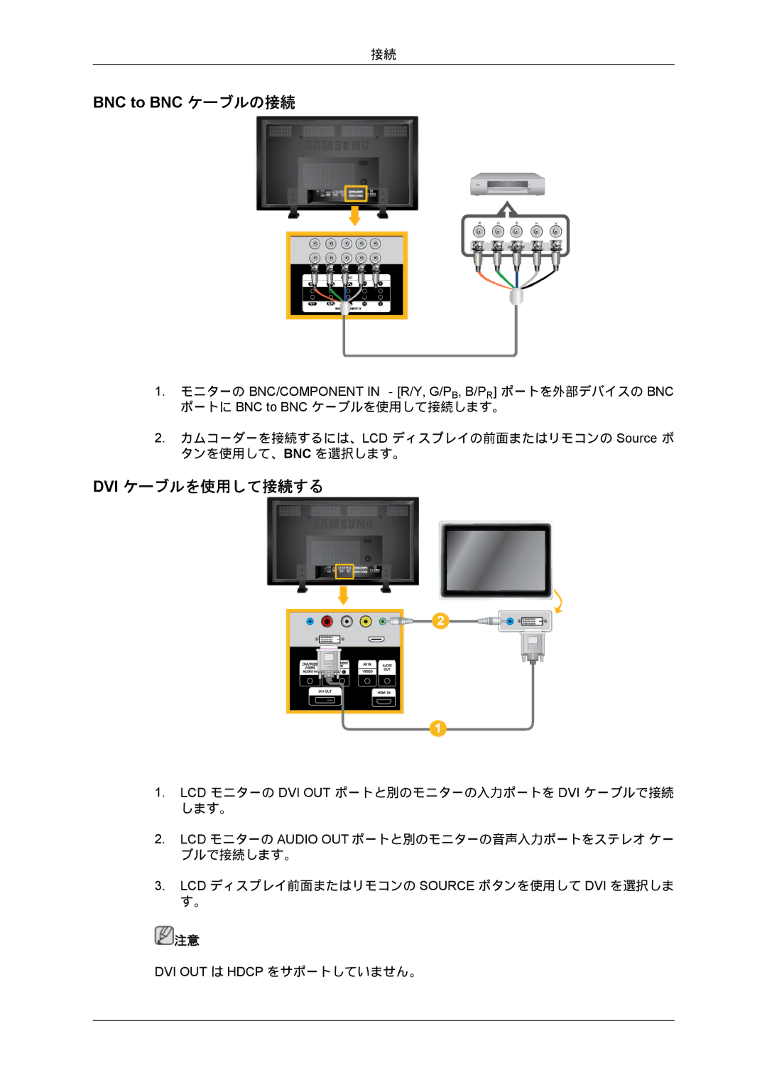 Samsung LH70BVTLBF/XJ, LH70BVPLBF/XJ manual BNC to BNC ケーブルの接続, Dvi ケーブルを使用して接続する 