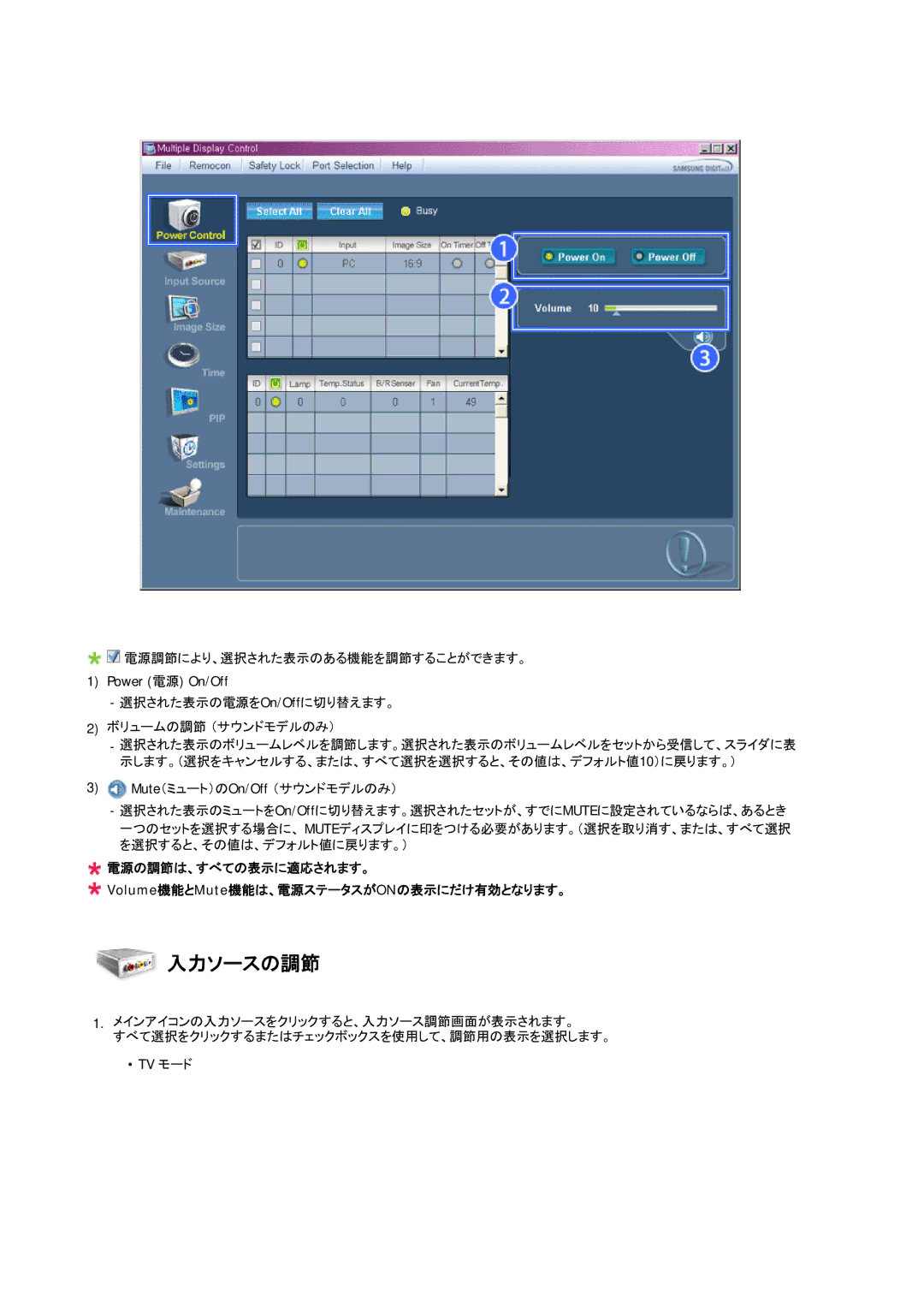 Samsung LH70BVTLBF/XJ, LH70BVPLBF/XJ manual 入力ソースの調節, Power 電源 On/Off 