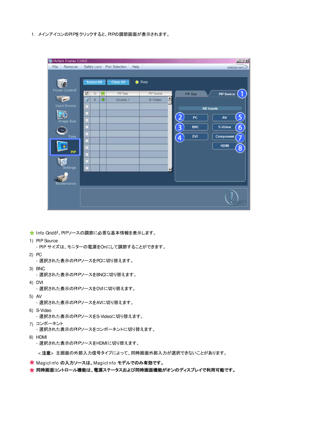 Samsung LH70BVPLBF/XJ, LH70BVTLBF/XJ manual 同時画面コントロール機能は、電源ステータスおよび同時画面機能がオンのディスプレイで利用可能です。 