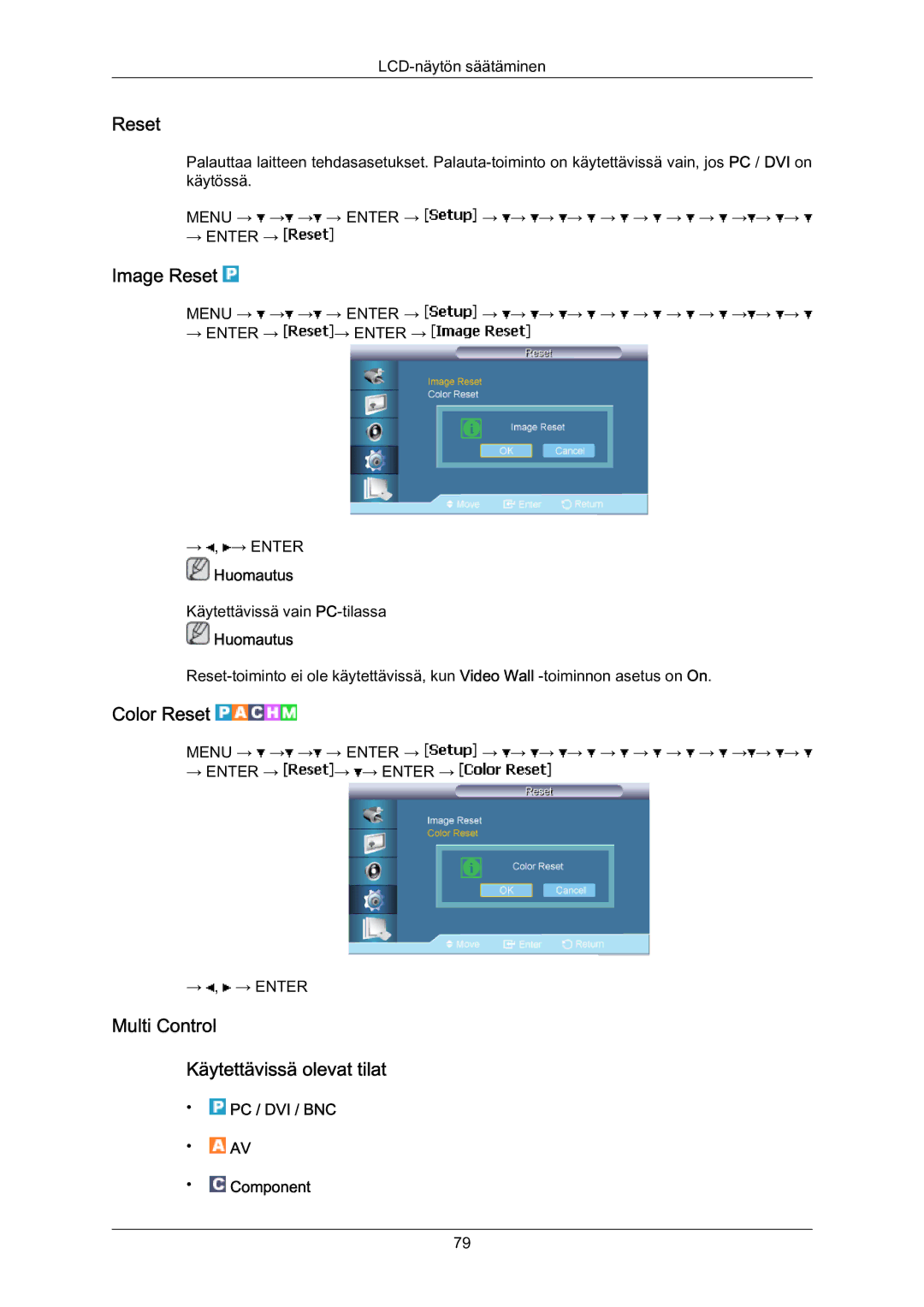 Samsung LH70BVTLBF/EN, LH70BVPLBF/EN manual Image Reset, Color Reset, Multi Control Käytettävissä olevat tilat 
