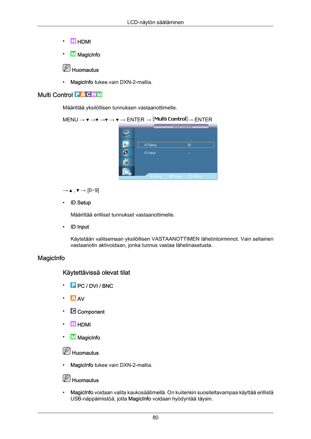 Samsung LH70BVPLBF/EN, LH70BVTLBF/EN manual Multi Control, MagicInfo Käytettävissä olevat tilat, ID Setup, ID Input 